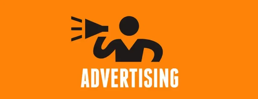 Stickman yelling 'advertising' graphic for copywriting and marketing