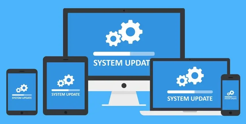 Five devices with a system update graphic