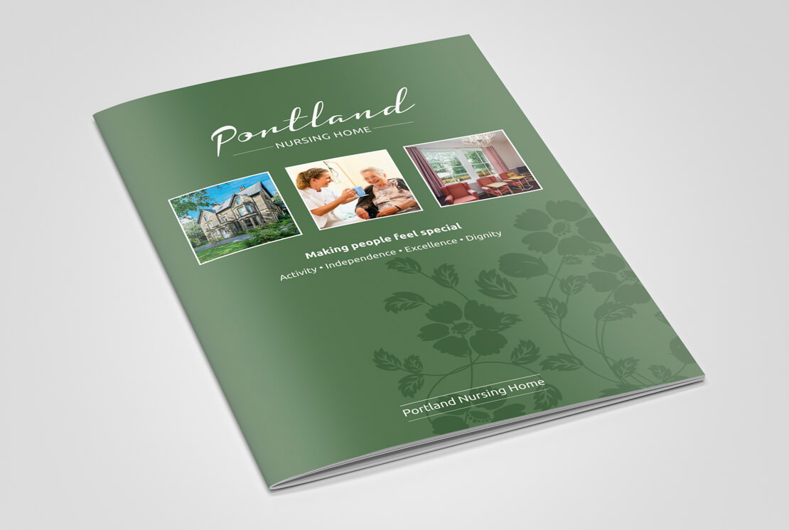 closed portrait care home brochure in green