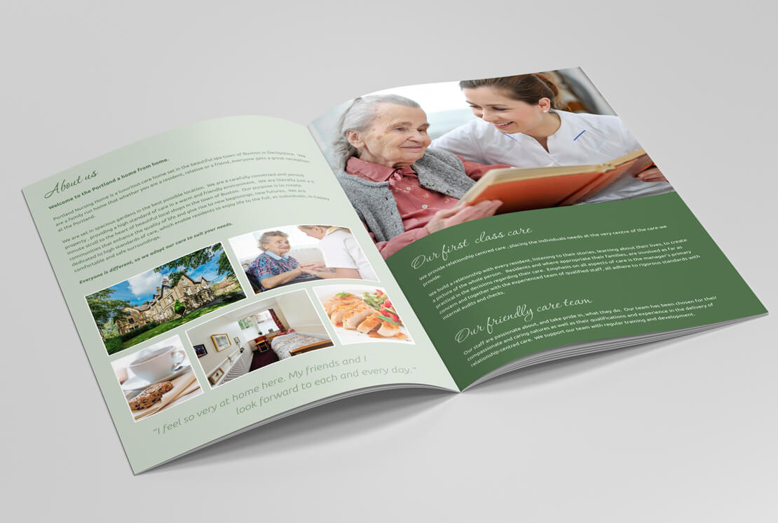 opened nursing brochure pages on grey background