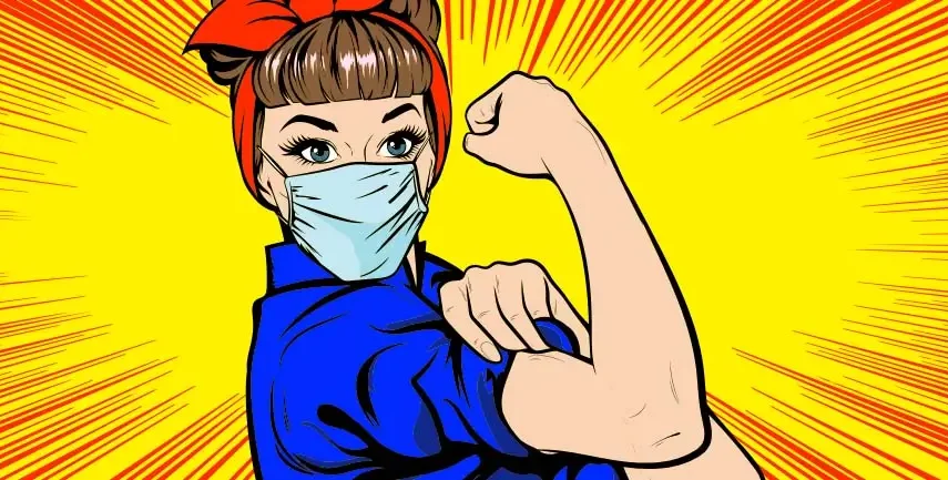 Comic graphic of a strong woman wearing a mask