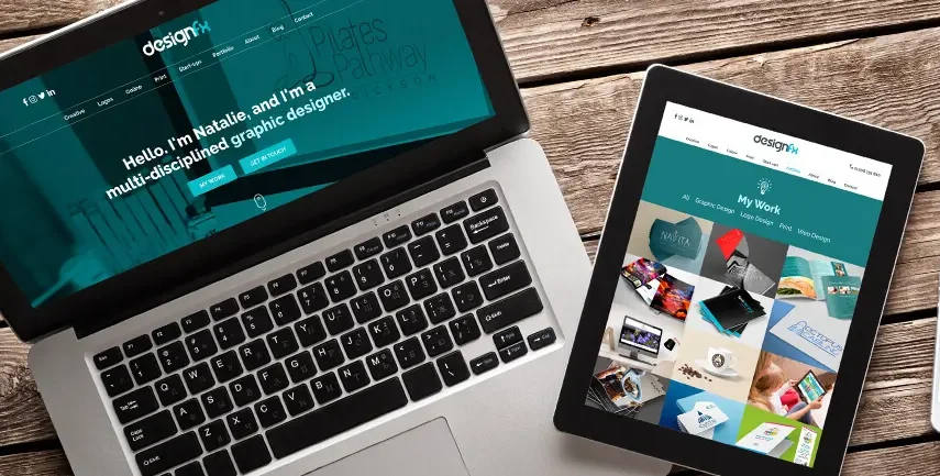Design FX on devices on wood table for bespoke website development