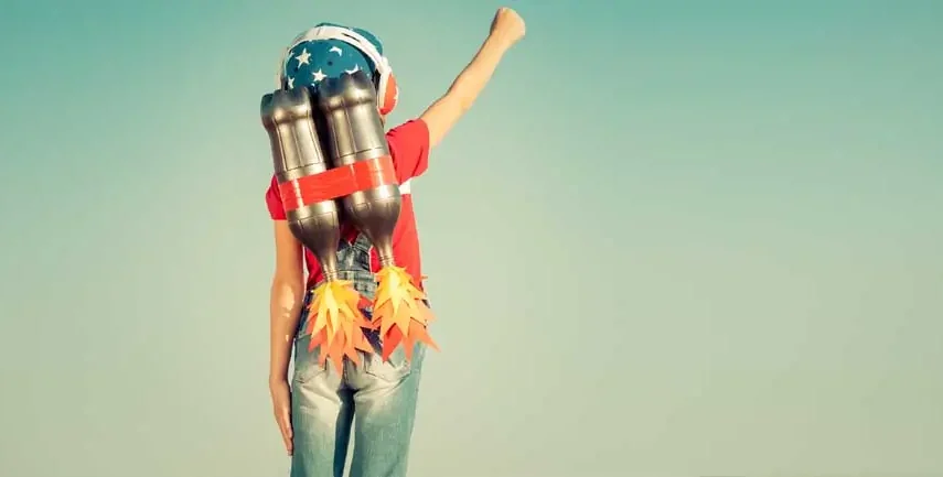 Colourful child with jetpack for brand identity design services