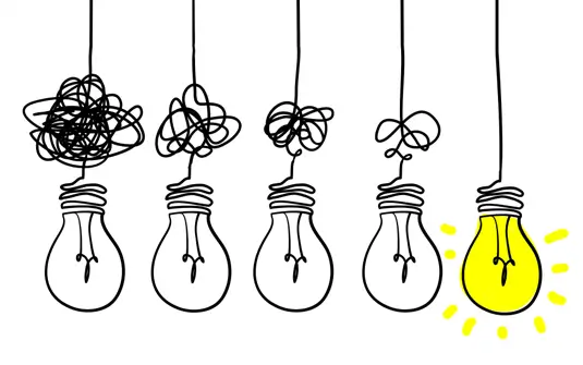 Four tangled lightbulbs and one lit graphic
