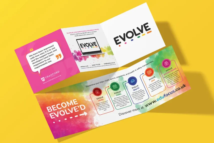 Leaflet design example for Evolve by Design FX Studio, leaflet design Essex