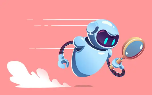 Robot with magnifying glass representing digital graphic design banner