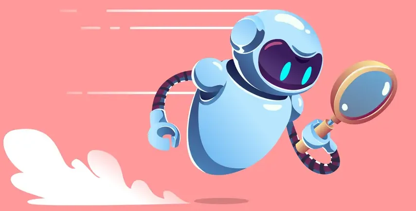 Robot with magnifying glass representing digital graphic design banner