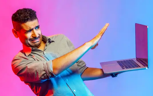 Man holding a laptop, canva banner design